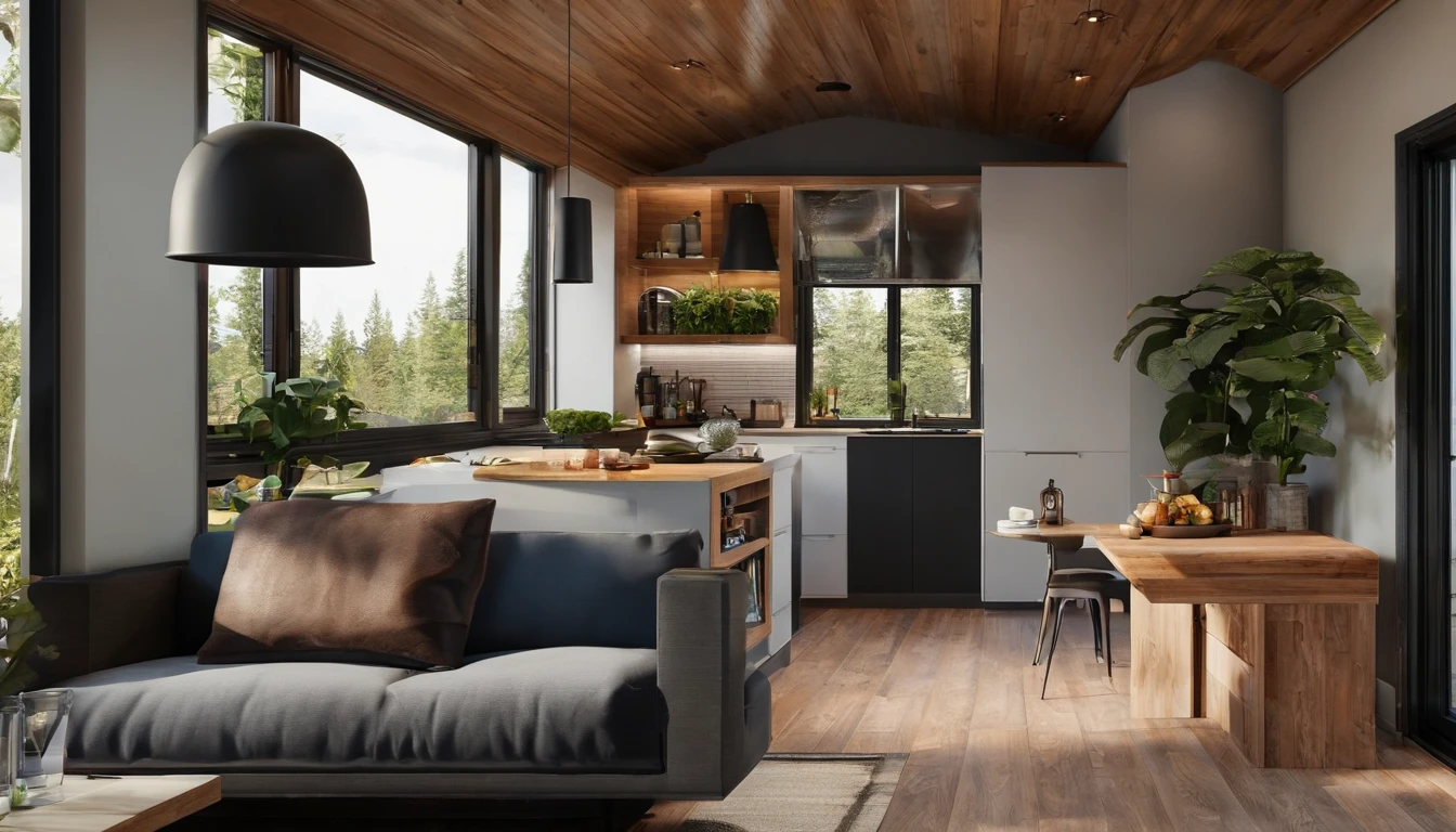 Tiny house inside, interior design idea, l sofa, tv, kitchen with breakfast bar, clearly divide areas, great textures and beautiful light entry by the windows