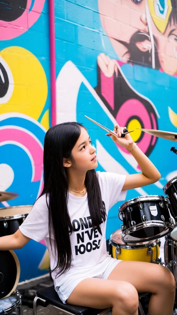 A low-angle photograph captures a young woman of mixed Thai and Chinese descent with long, straight black hair, sitting on a chair and playing a drum set. She is wearing a white t-shirt and short denim shorts. The woman is deeply focused on playing the drums. The background features a wall in a vibrant street art style, with distinctive designs that express emotions and bright colors, adding to the overall lively and dynamic atmosphere of the scene.