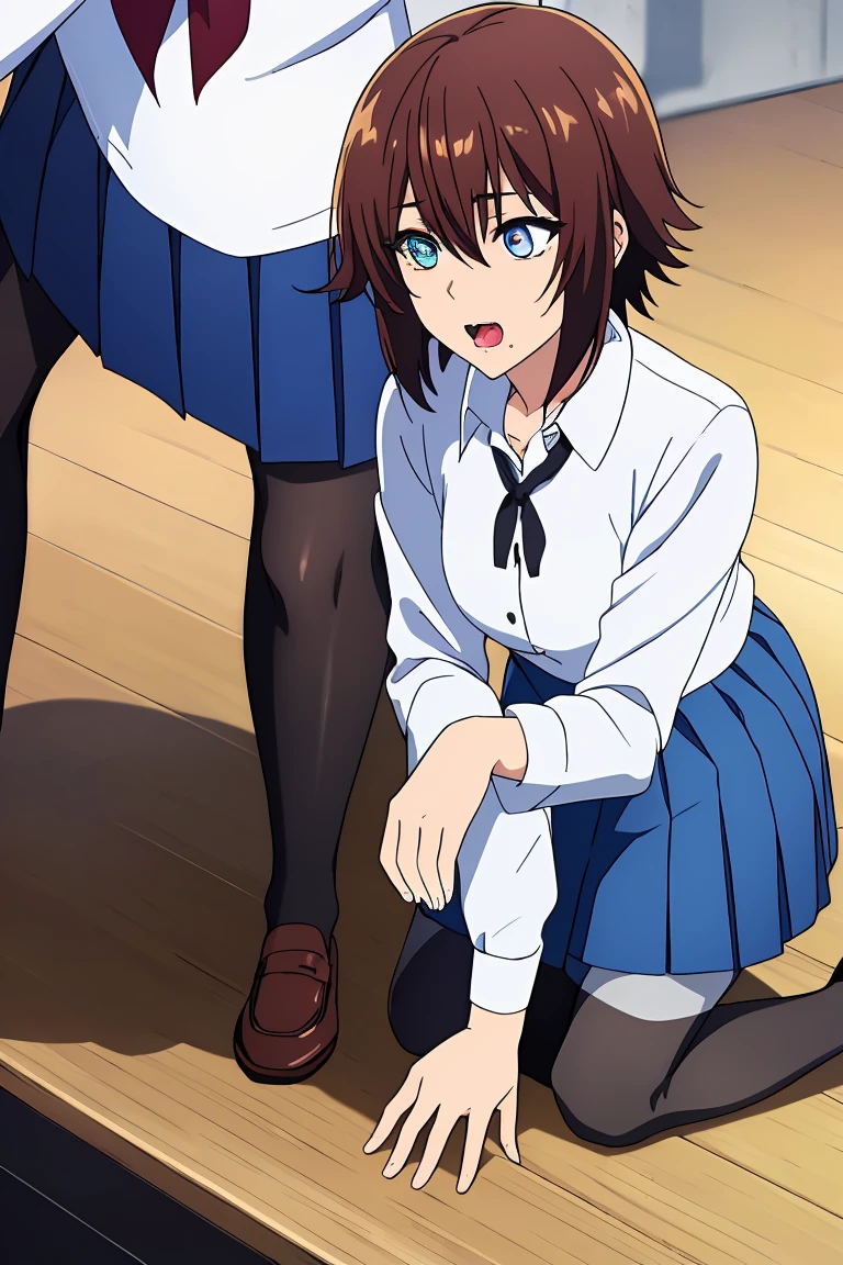  Chisa,brown hair,short hair,medium breasts, brown eyes,hair between eyes, bangs, 
BREAK ((collared shirt, (white shirt:1.2), long sleeves, pleated skirt, blue skirt, black pantyhose:1.5)) 
BREAK kneeling,indoors,implied fingering,fingering,hand under clothes,breast grab,pussy juice,heart,motion blur,panting,saliva,sound effects,
BREAK (masterpiece:1.2), best quality, high resolution, unity 8k wallpaper, (illustration:0.8), (beautiful detailed eyes:1.6), extremely detailed face, perfect lighting, extremely detailed CG, (perfect hands, perfect anatomy),