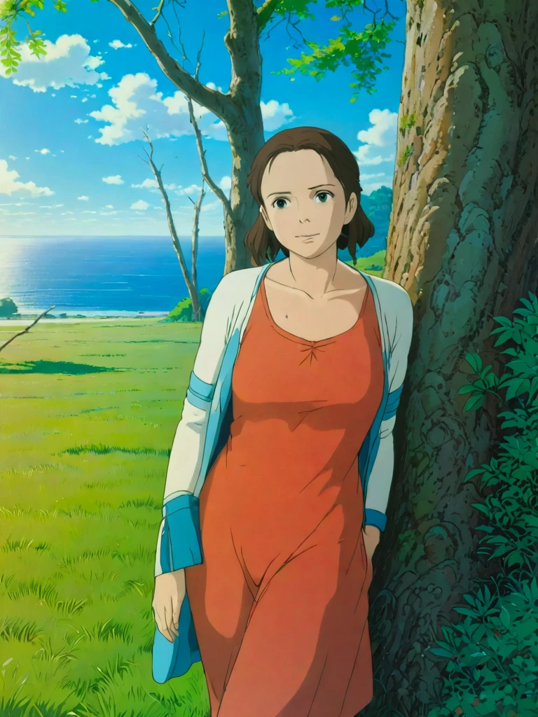 A woman in a red dress standing next to a tree - SeaArt AI