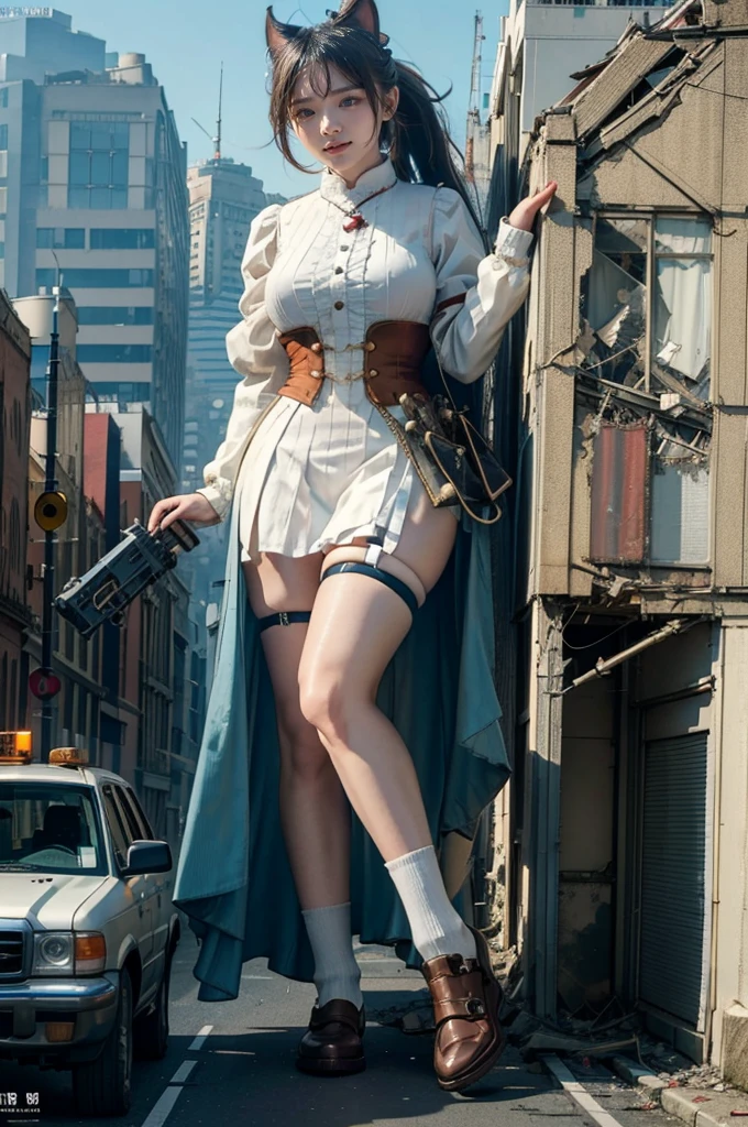 Fisheye Lens、looking at the camera、steampunk、Standing on top of a ruined building、Big building explosion、The building collapses、Urban hustle and bustle、Traffic jam、City of Rubble、street tree、Car and bus、truck、taxi、City boulevard、Pedestrian bridge、Streetcar route、((((Azur Lane Cheshire Cosplay))))、Frilled maid outfit、（(Super huge breasts)）、（(Plump thighs)）、Ground View，City of Giants,500 foot tall giant girl，skyscraper,Has super long legs,Step into the crowd，There are many people on the street,Knee-high socks、loafers，A happy look，Standing on the ruins，Beautiful appearance，Exquisite makeup，quality，8k，高quality，Perfect Proportions, Cinema Lighting，Film Grain，The Colors of Fuji，8k，Textured skin，Super Detail，High detail，high quality，High resolution，explode，False Smile、Reaching out