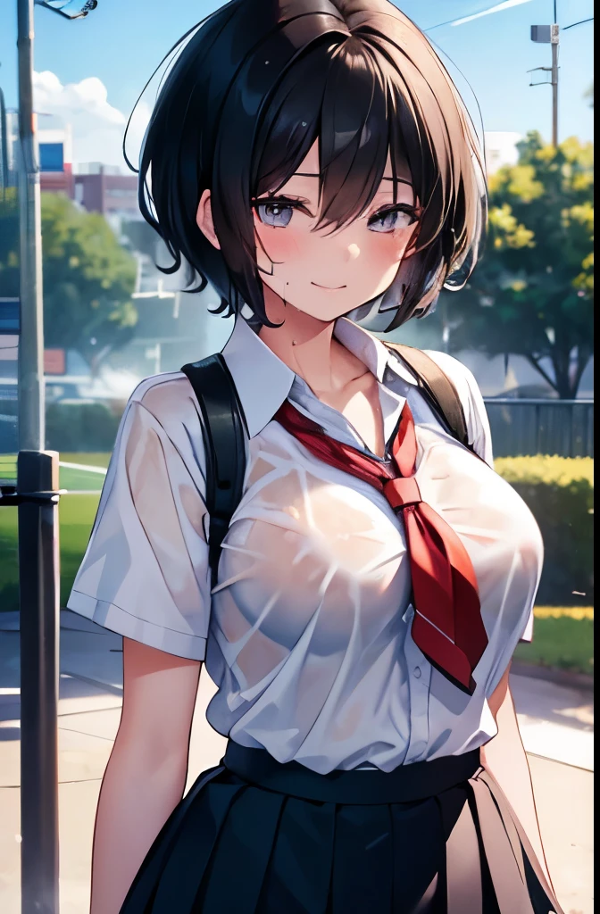 ,high school girl,Very Short Hair,boyish,Black Hair,Schoolyard,high school,sun,Cowboy Shot,Summer uniform,mini skirt,Close ~ eyes,smile,Large Breasts,Sweaty,Wet,