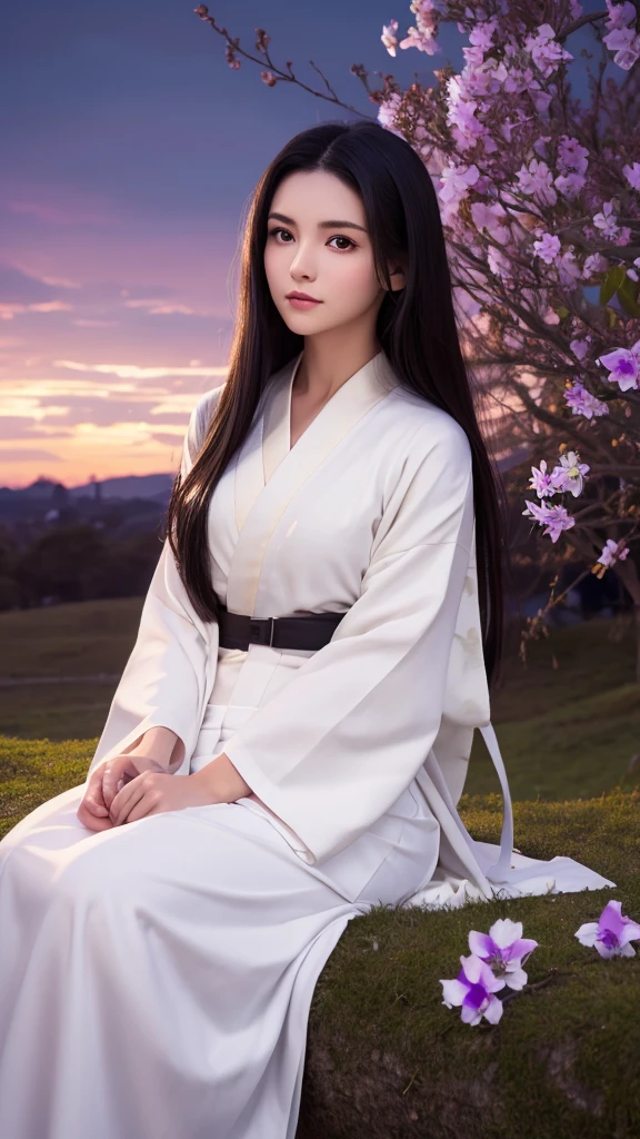 Full-body frontal shot of a woman sitting by a tree holding a bellflower,((Brown eyes)))Red long skirt,Jet black hair without headgear, All-white kimono, Realistic, (Surreal:1.2), Perfect Eyes, Perfect Face, Perfect lighting, Outdoor, Warm colors, Deep purple sky, Conceit, Wind, Village at night