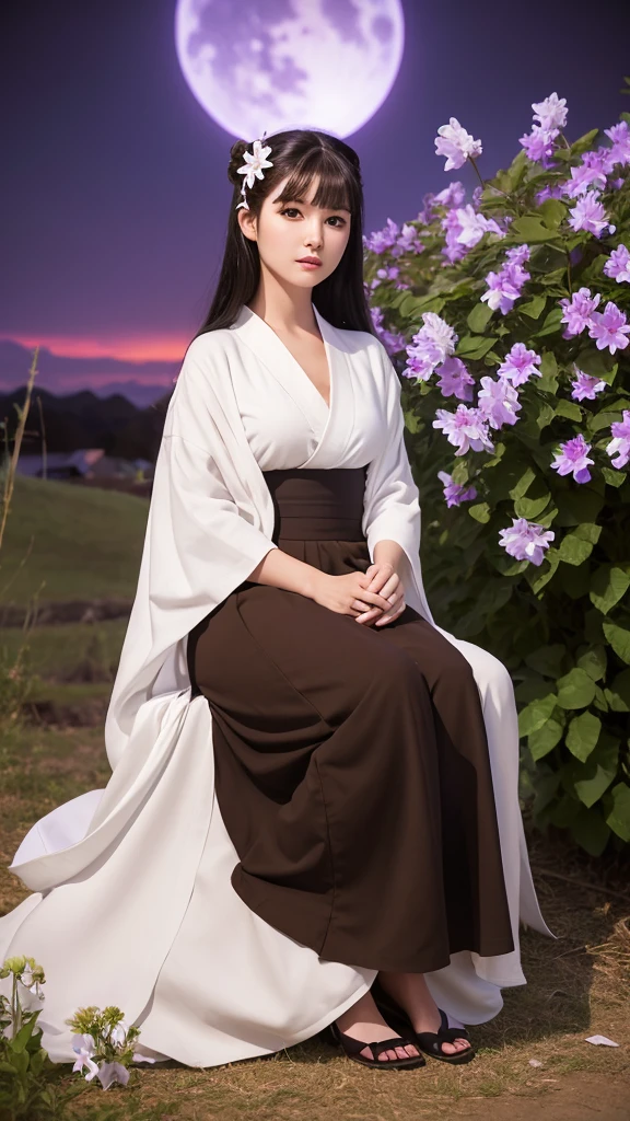Full-body frontal shot of a woman sitting by a tree holding a bellflower,((Brown eyes)))Red long skirt,Jet black hair without headgear, All-white kimono, Realistic, (Surreal:1.2), Perfect Eyes, Perfect Face, Perfect lighting, Outdoor, Warm colors, Deep purple sky, Conceit, Wind, Village at night