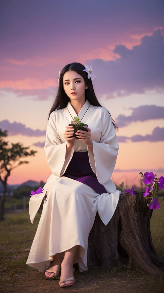 Full-body frontal shot of a woman sitting by a tree holding a bellflower,((Brown eyes)))Red long skirt,Jet black hair without headgear, All-white kimono, Realistic, (Surreal:1.2), Perfect Eyes, Perfect Face, Perfect lighting, Outdoor, Warm colors, Deep purple sky, Conceit, Wind, Village at night
