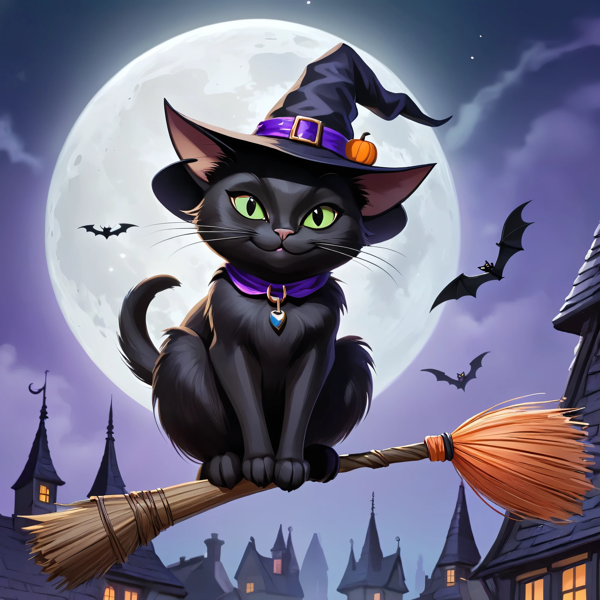 A black cat perched atop a broomstick, adorned with a witch's hat and a mischievous grin. A full moon looms in the background, while bats flit around the scene
