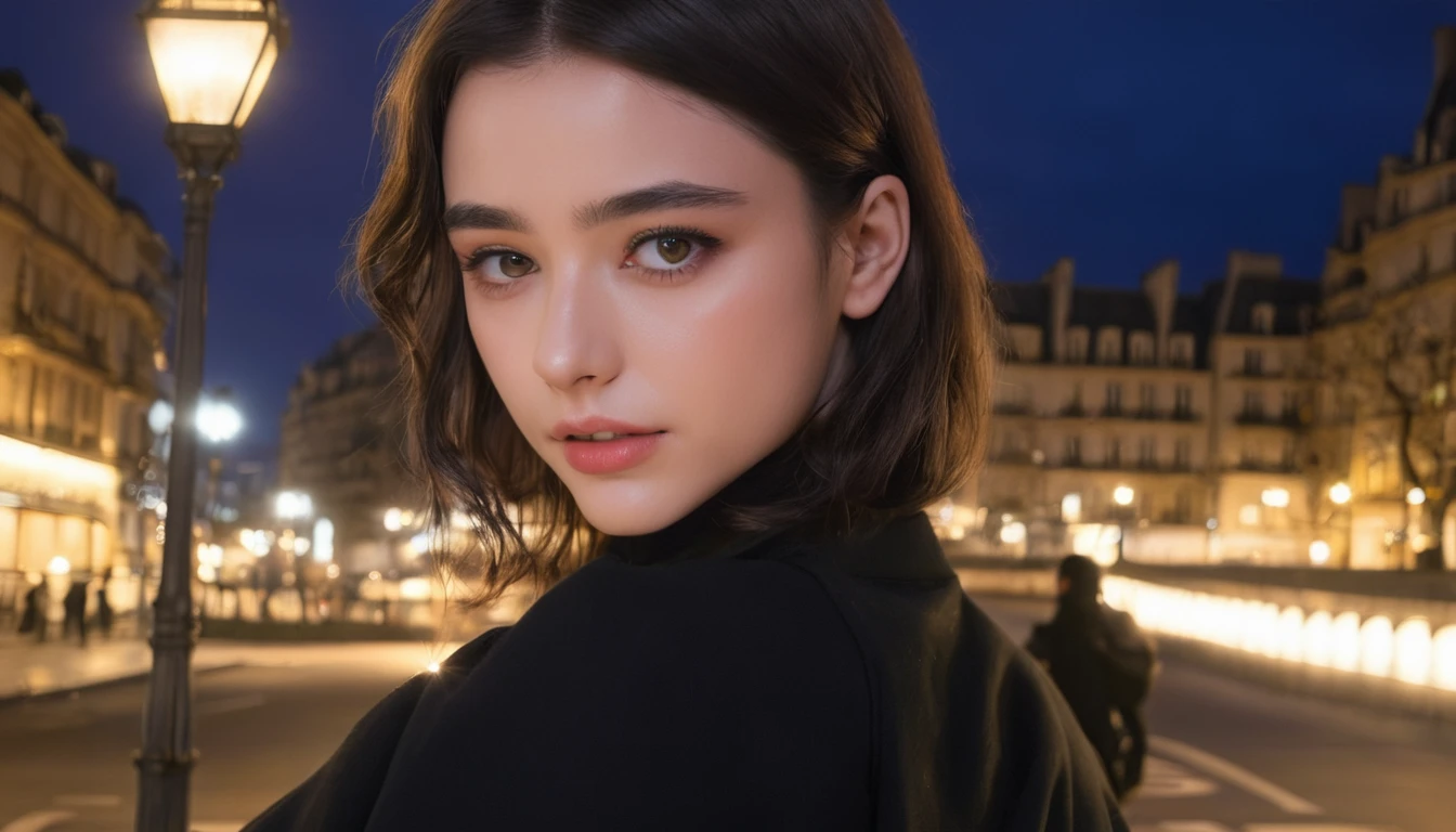  One girl, France、Paris、Portraiture, close, 薄dark, dark, night, dark background, (Parisの街並み、Horror atmosphere, Black Style, Dramatic lighting, Calm colors, Modest), Short Hair、黒いジャケット dark makeup,  high quality, 最high quality, masterpiece, Cinema Lighting, ((Perfect Eyes, Detailed eyes, Realistic eyes, Symmetrical eyes)), ((Sharp Face, Detailed face, Realistic Face, Natural Skin, Realistic Skin, Detailed skin, pores)), RAW 32k Photos