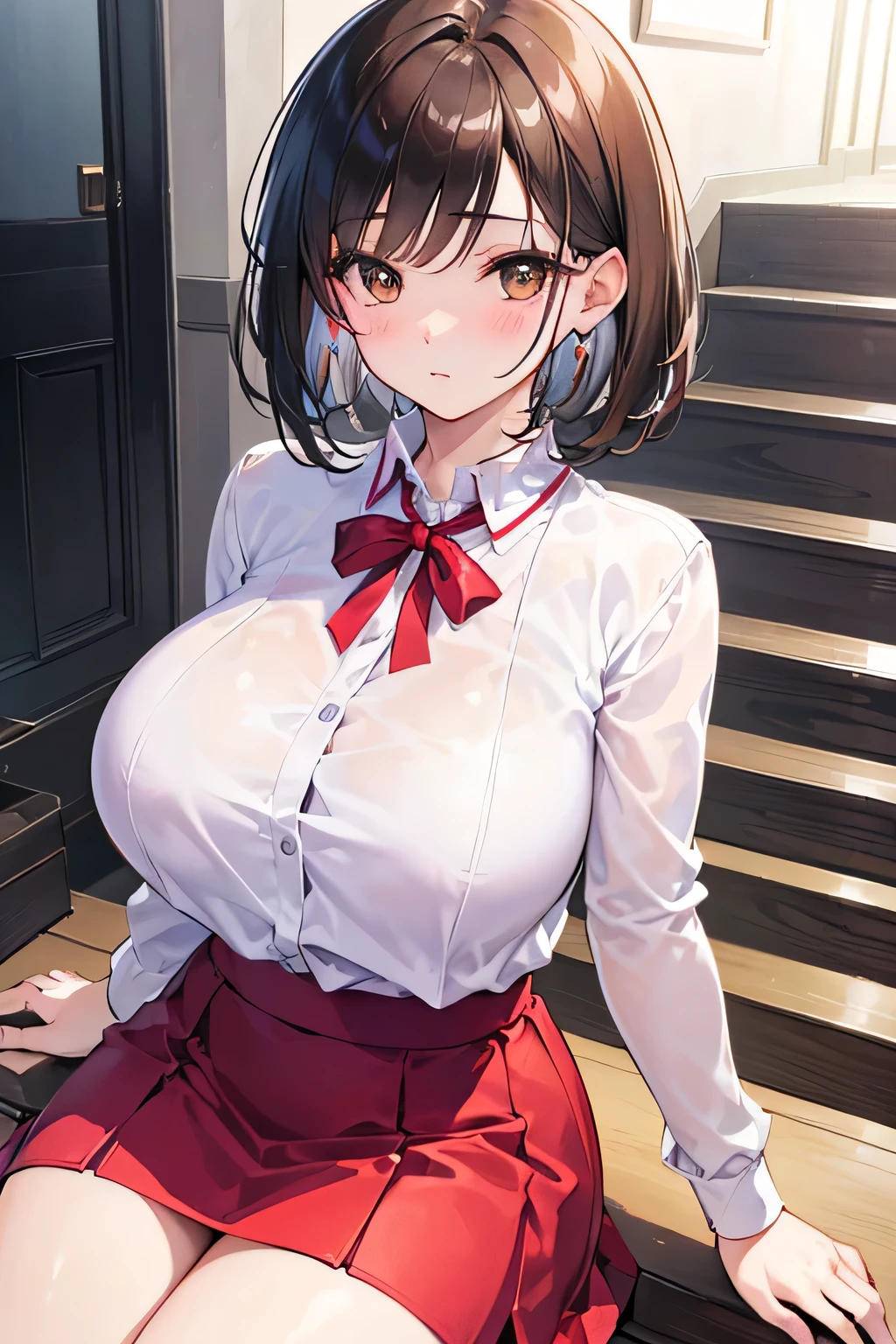 One Woman, alone, middle aged, Beautiful middle aged woman、I could see the whole body、 ((short hair)), ((Brown eyes, Beautiful eyelashes, Realistic eyes)), ((Detailed face, blush:1.2)), ((Smooth texture:0.75, Realistic texture:0.65, Realistic:1.1, Anime CG style)), ((Glamorous Body)),((Big Breasts)), Dynamic Angle, Perfect body, ((Light purple transparent blouse, Red Skirt))、(Hotel stairs)、that'the wind is strong、(Very embarrassing panic smile)、I can see her panties peeking out in front of me.., Angle looking up from the top of the stairs、 (((The wind blew up her skirt、Your pants are completely visible..、Pink Floral Panty Star Piece, Highest quality, High resolution, Pixel perfect, 8k,))),