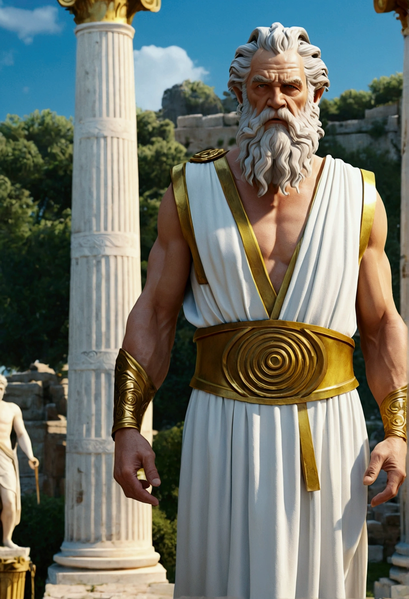 (((Zeus yellow ray)))best quality, very high resolution, 4K detailed CG, master piece, Greek mythology, Zeus, Greece, white beard, old man, elderly, Roman clothes, Greek clothes, Greek ruins in the background, Greek garden , Greek columns, ((old man)), Roman mythology, aesthetics, Beautiful image, right on the screen, landscape