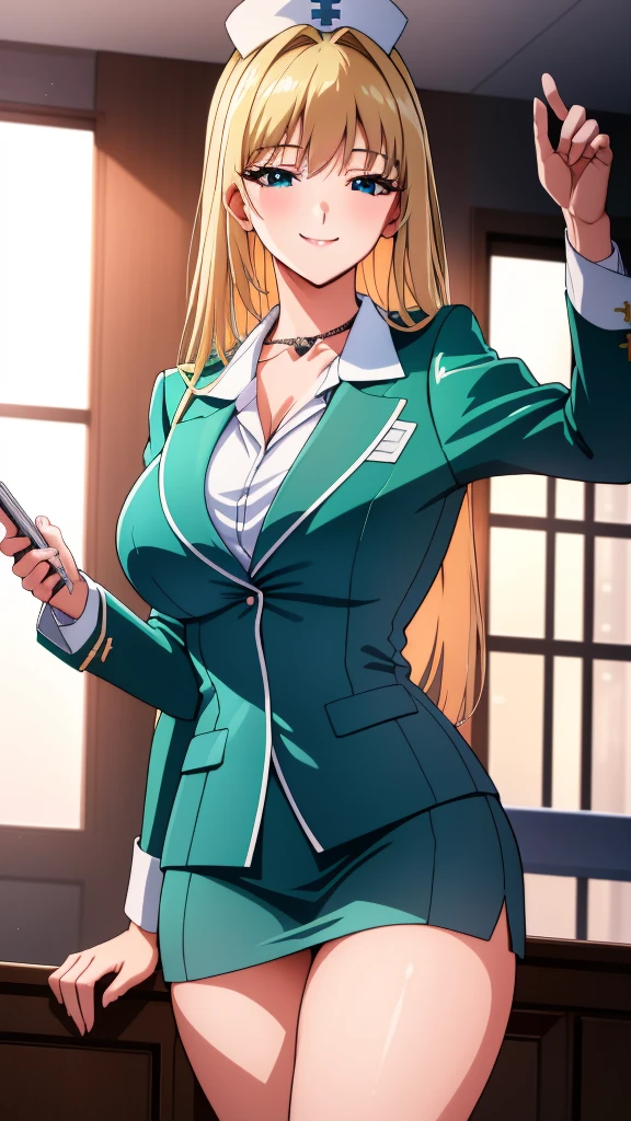 (Of the highest quality:1.5, High resolution, 超High resolution, 4k, detailed lighting, Shaders, perfect hand anatomy), straight blonde hair, big breasts, nurse uniform, neckline, thighs, smile, to throw, close up photography, They are standing, Hospital history