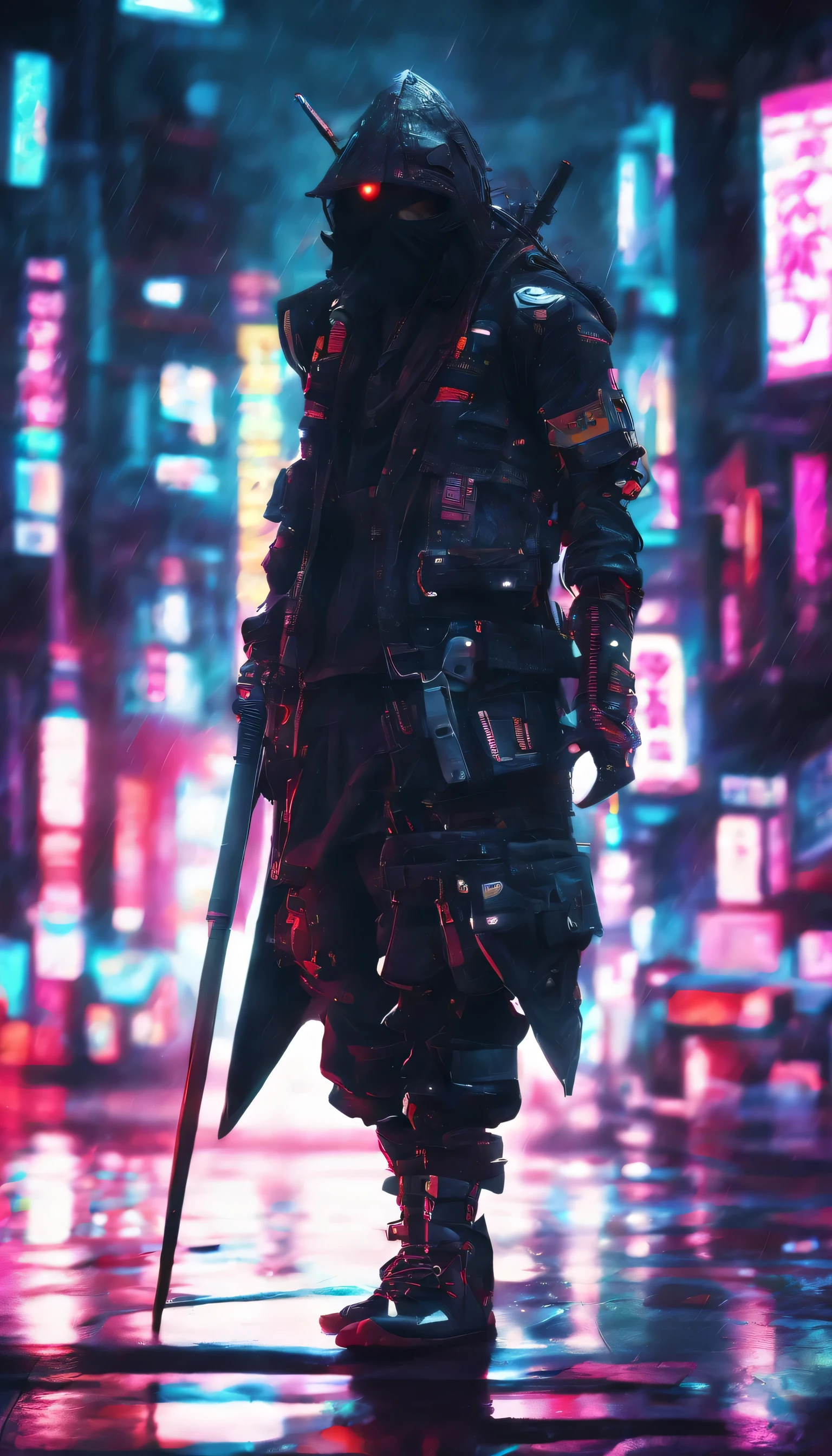 ninja shinobi cyberpunk robot cyborg .big thighs.Wallking street
two samurais walking down a street at night, yasuke.Ninja wearing conical hat. shinobi Cyborg. Red eyes, devil mask, rain. Dark night. Equipped with Sword on back. Katana on back. Robot. gears. screws. lights. wires on back. Arresting monsters in alleys.real. tokyo. UE5 CGI