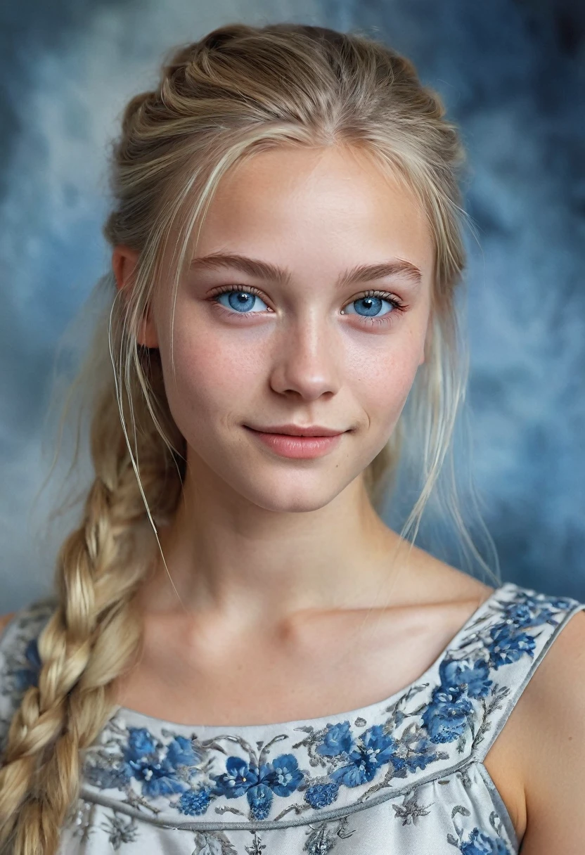 Portrait of a Norwegian beautiful ager, small breasts, intricate dress, soft smile, natural lips, long blonde hair with shaved sides , blue-grey eyes, realism, digital painting, concept art, smooth, sharp focus, rule of thirds, Style-Psycho