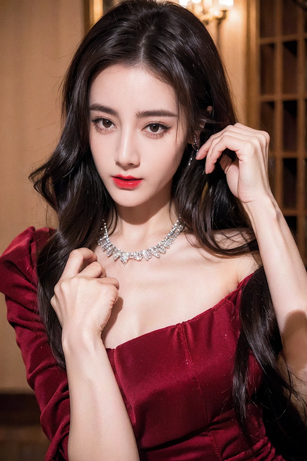 Top CG, Highest image quality, masterpiece, Gentle and beautiful girl, (185cm美女), (fit), Imperial sister, Queen temperament, White skin, ((Long legs)), Perfect facial features, Bright Eyes, Sexy pose, Red lips, Beautiful and cold (A major breakthrough)), Beautiful and heroic, Soft and long hair, shiny, Lace, net, Visible through clear skin, wear glasses, Diamond Earrings, ruby neckLace, (Blue evening dress), 8K Image Quality, (Realistic Portraits), Characters fill the screen, (Facial lighting), ((eternal))