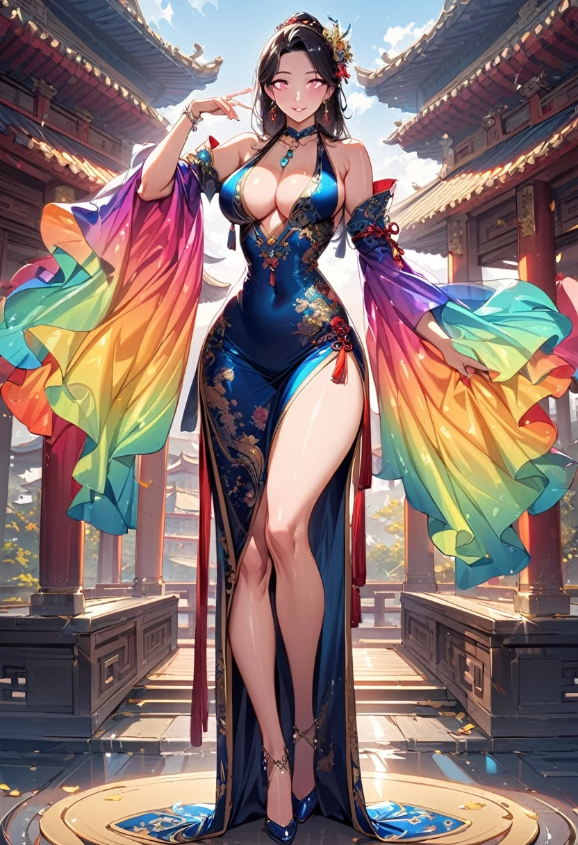 1 mature beautiful woman,(Highest quality,Extremely detailed depiction,Incredibly absurd high resolution,Anatomically accurate depiction,Curvy Legs,Detailed pupil),(Glowing Skin,Shiny skin),(A charming Chinese noble lady),(The intricately constructed costume of a Chinese goddess,See-through,Intricate embroidery,Shiny fabric,Rainbow gradient sleeves,black tights),eyelash,(Pink Eyes,Crazy Eyes,There is cleavage in the chest,Wicked Smile,Glossy Lips,Flashy makeup,Seductive gestures),Luxury accessories,earrings,necklace,whole body,background:Chinese-style mansion