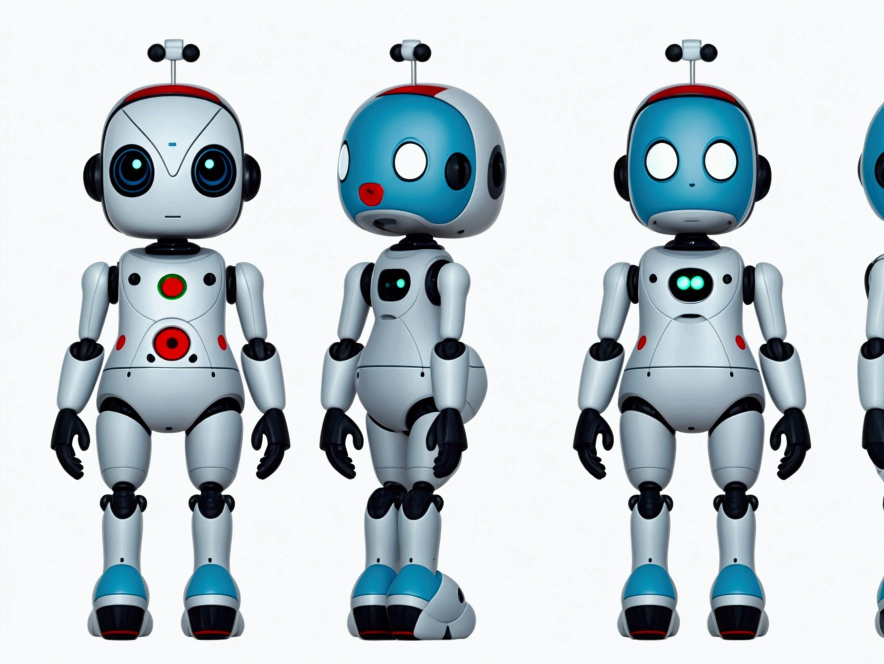 small tender robot like wally-e , short legs, reactangular rectangular head with eyes ((front, side, back views of the same character)) , white background