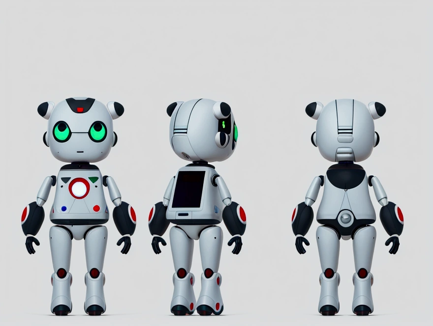 small tender robot like wally-e , short legs, reactangular rectangular head with eyes ((front, side, back views of the same character)) , white background