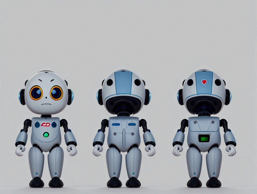 small tender robot like wally-e , short legs, reactangular rectangular head with eyes ((front, side, back views of the same character)) , white background