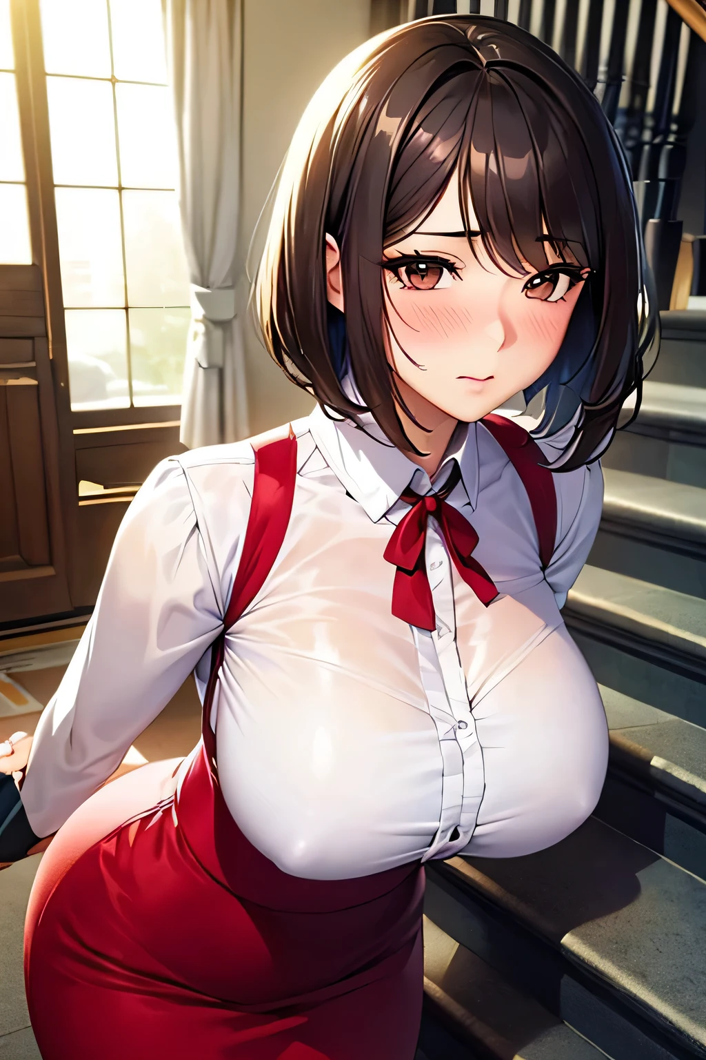 One Woman, alone, middle aged, Beautiful middle aged woman、I could see the whole body、 ((short hair)), ((Brown eyes, Beautiful eyelashes, Realistic eyes)), ((Detailed face, blush:1.2)), ((Smooth texture:0.75, Realistic texture:0.65, Realistic:1.1, Anime CG style)), ((Glamorous Body)),((Big Breasts)), Dynamic Angle, Perfect body, ((Light purple transparent blouse, Red Skirt))、(Hotel stairs)、that'the wind is strong、(Very embarrassing panic smile)、I can see her panties peeking out in front of me.., Angle looking up from the top of the stairs、 (((The wind blew up her skirt、Your pants are completely visible..、Pink Floral Panty Star Piece, Highest quality, High resolution, Pixel perfect, 8k,))),
