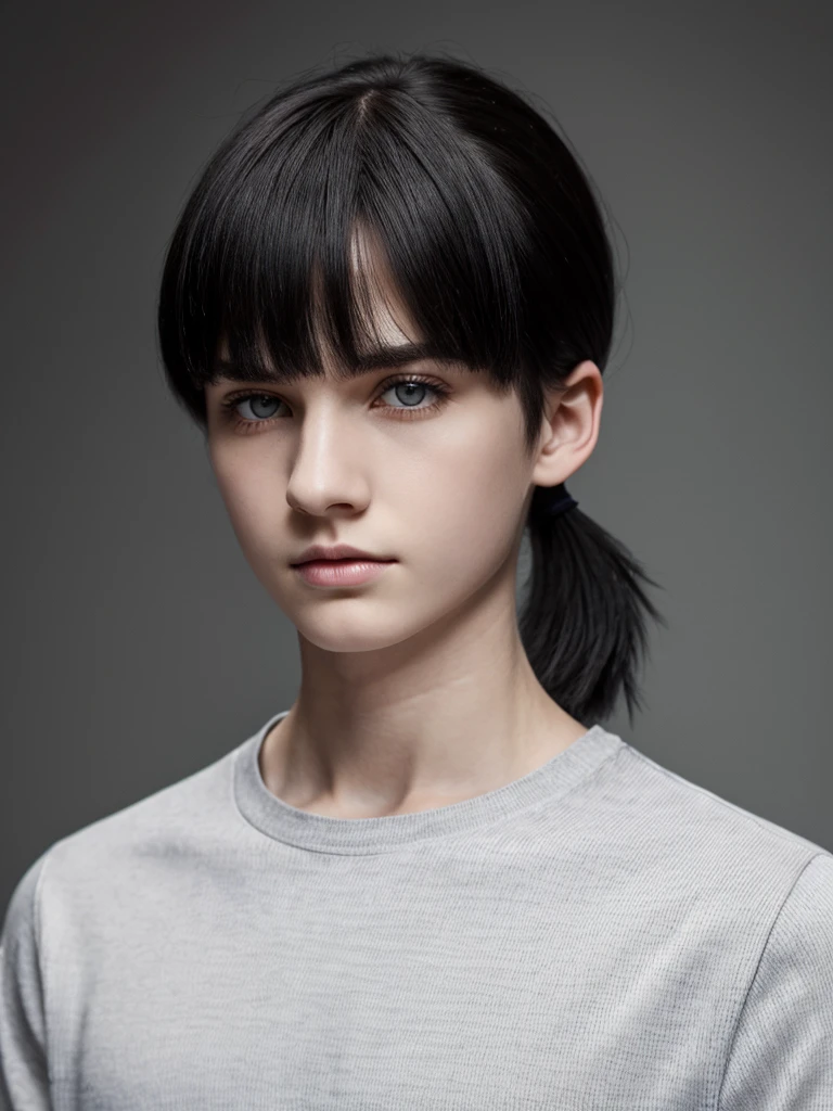 (best quality), 1boy, Male, pale skin, black hair, short hair, straight hair, short ponytail, parted bangs, grey eyes, perfect eyes, serious, stylish, fully clothed, masterpiece, anatomically correct, highres