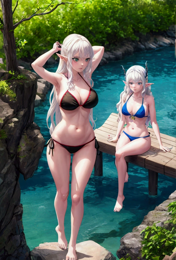 a beautiful detailed elf-girl, woman in a bikini sitting on a dock next to a building, realistic bikini, at the beach, swimsuit, is wearing a swimsuit, in the beach, in a bikini, black bikini, attractive anime girl, at a beach, arms up, hot body, long wavy hair, piercing green eyes, delicate facial features, pale skin, sunlight filtering through the trees, magical aura, cinematic lighting, highly detailed, 8k, photorealistic