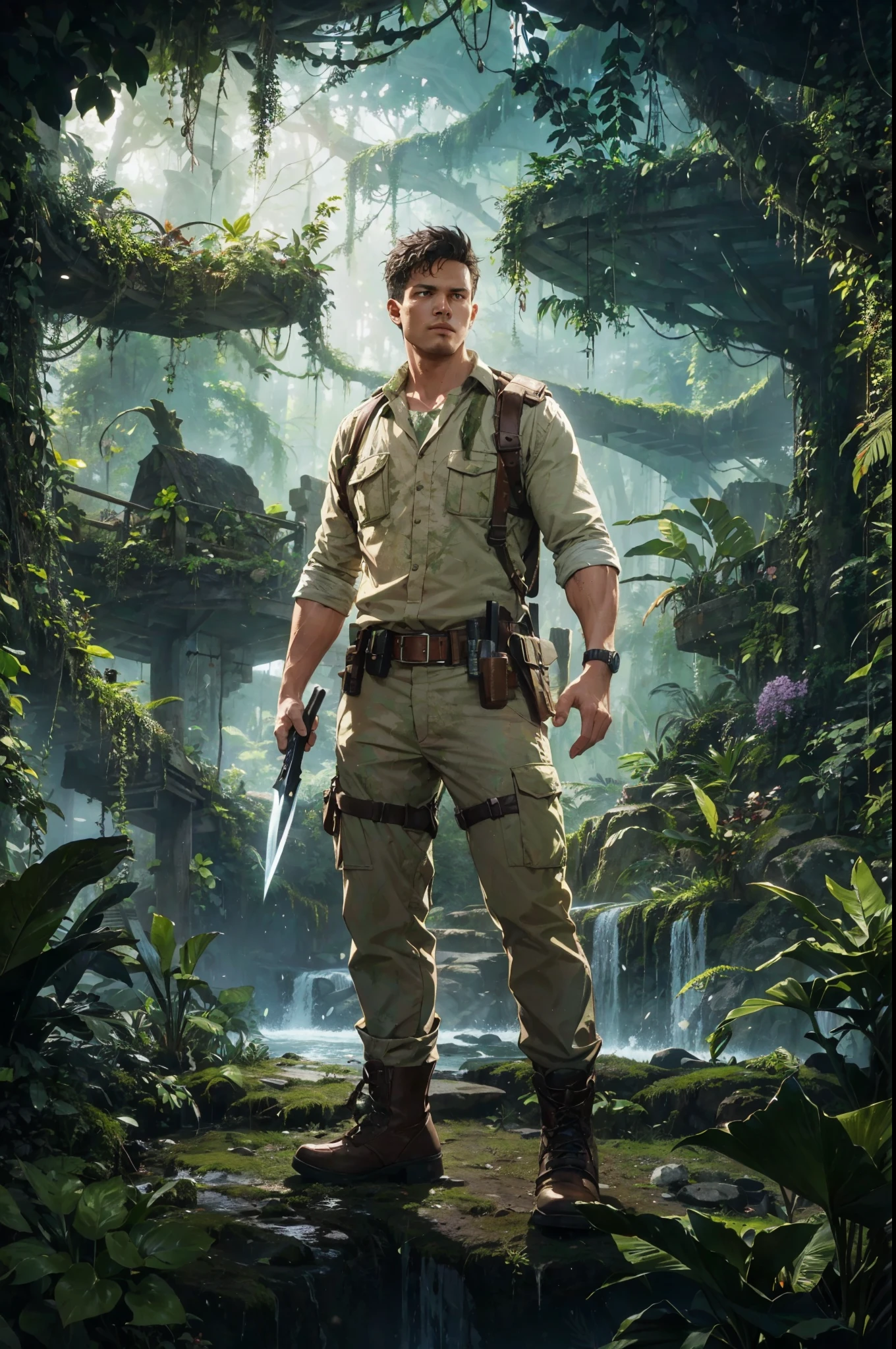 An awe-inspiring, ultra-high-resolution masterpiece of a fearless adventurer standing tall amidst a lush, verdant jungle. The character is dressed in a practical and well-worn outfit, with a machete in hand and a determined expression. The jungle is teeming with life, featuring towering trees, cascading waterfalls, and a diverse array of exotic flora and fauna. The ambiance is a perfect blend of tranquility and adventure, with rays of sunlight filtering through the dense canopy, casting dappled shadows on the ground.