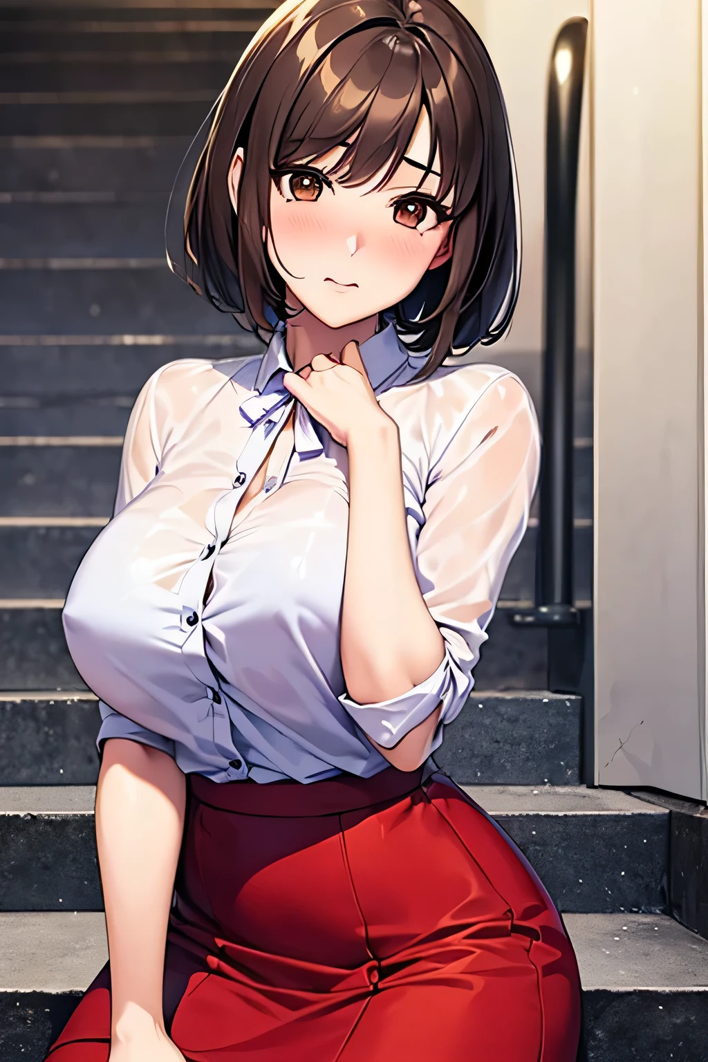 One Woman, alone, middle aged, Beautiful middle aged woman、I could see the whole body、 ((short hair)), ((Brown eyes, Beautiful eyelashes, Realistic eyes)), ((Detailed face, blush:1.2)), ((Smooth texture:0.75, Realistic texture:0.65, Realistic:1.1, Anime CG style)), ((Glamorous Body)),((Big Breasts)), Dynamic Angle, Perfect body, ((Light purple transparent blouse, Red Skirt))、(Hotel stairs)、that'the wind is strong、(Very embarrassing panic smile)、I can see her panties peeking out in front of me.., Angle looking up from the top of the stairs、 (((The wind blew up her skirt、Your pants are completely visible..、Pink Floral Panty Star Piece, Highest quality, High resolution, Pixel perfect, 8k,))),