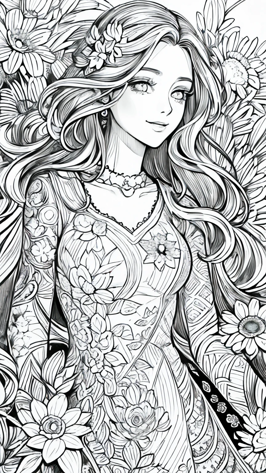 (Black and white coloring book:1.5), masterpiece, Highest quality, (Detailed Background), High Contrast, Highly detailed face, ((Eyes are clearly defined)), smile,Hair is white, Light and airy、A floral dress for a spring garden party, Line drawings without color or shading, Beautiful line drawing, The outline is a thick line, Skinny
