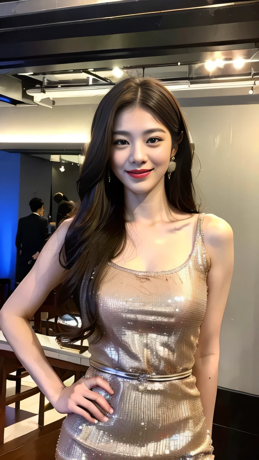 ((top quality, 8 thousand, masterpiece :1.3)), (beautiful body:1.2), very detailed face, detailed eyes, double eyelid, smiling face, long hair, She is one, Big beasts,open shoulder fantastic dress, famous street in korea, huge indian street, (korean club dresses:1.4)