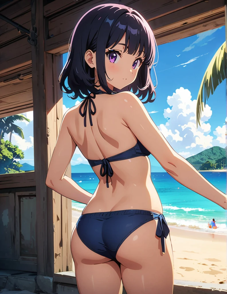 (anime artwork, anime style, studio anime, very detailed, up to date, vibrant, Anime Coloring, high contrast, masterpiece:1.2, best quality, best aesthetics),1 girl,hug from behind,bikini, Medium chest,random hair, One eye is hidden by the bangs, perfect proportions, high detail skin, Cute, detailed faces,beach, precise fingers,curvy,adjusting bikini, from behind, looking back,full body,