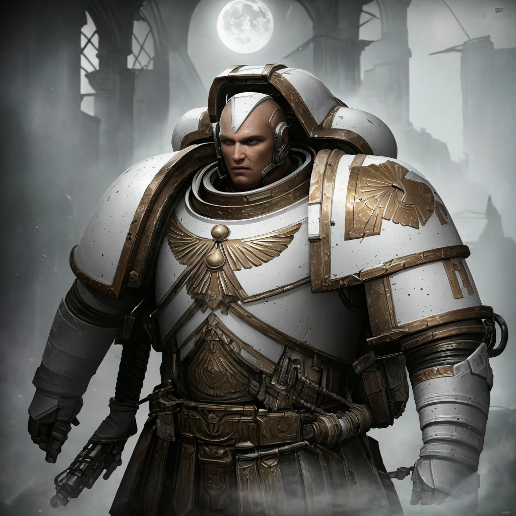 1 man, (Garviel Loken:1.1), warhammer, wearing (white armor:1.3), picture on the shoulder pad (black silhouette of a wolf and moon), young male, attractive, handsome face, short hail (blonde:1.1), armor detail, realistic metal texture, metal surface reflections, indoors, bright lighting, epic lighting, ambient lighting, High Detail, film photography, RAW candid cinema, 16mm, Hyperdetailed, analog style, detailed skin, matte skin, soft lighting, subsurface scattering, high quality, highres, best quality,