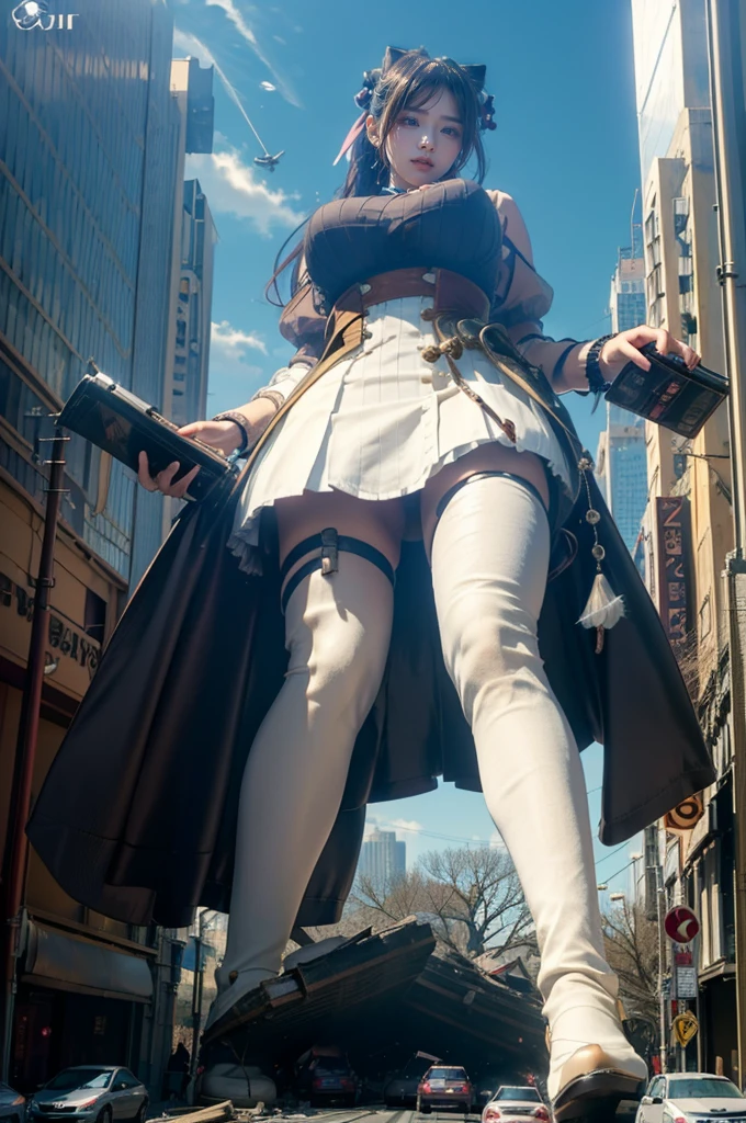 Fisheye Lens、Giant girl destroying the city、looking at the camera、steampunk、Standing on top of a ruined building、Big building explosion、The building collapses、Urban hustle and bustle、Traffic jam、City of Rubble、street tree、Car and bus、truck、taxi、City boulevard、Pedestrian bridge、Streetcar route((((Azur Lane Cheshire Cosplay))))、Frilled maid outfit、((Super huge breasts))、((Plump thighs))、Ground View,City of Giants,500 foot tall giant girl,skyscraper,Has super long legs,Step into the crowd,There are many people on the street,Knee-high socks,A happy look,Standing on the ruins,Beautiful appearance,Exquisite makeup,quality,8k,高quality,Perfect Proportions, Cinema Lighting,Film Grain,The Colors of Fuji,8k,Textured skin,Super Detail,High detail,high quality,High resolution,explode,False Smile、Reaching out