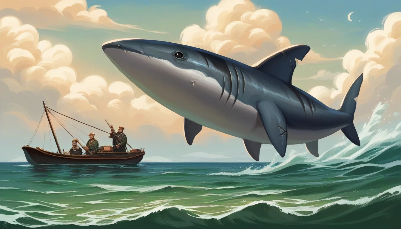 painting of a boat with a shark in the water with a boat in the middle, by Daniel Ljunggren, incredible & arte d, by Alexander Gine, Award-winning epic painting, krenz cushart anarte dem demura, by Karl Kopinski, Sergei Kolesov, conceptual artwork | rhads, Por Dan Christensen