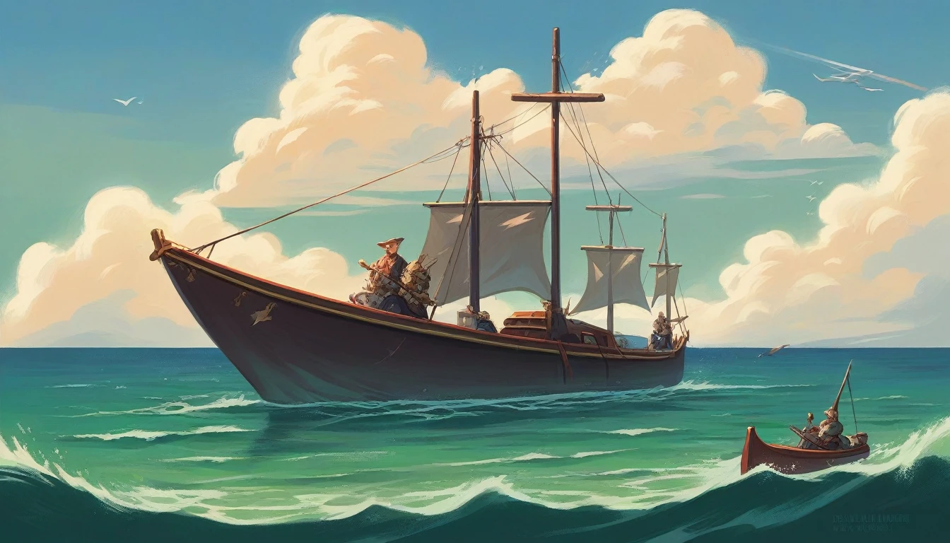 painting of a boat with a shark in the water with a boat in the middle, by Daniel Ljunggren, incredible & arte d, by Alexander Gine, Award-winning epic painting, krenz cushart anarte dem demura, by Karl Kopinski, Sergei Kolesov, conceptual artwork | rhads, Por Dan Christensen