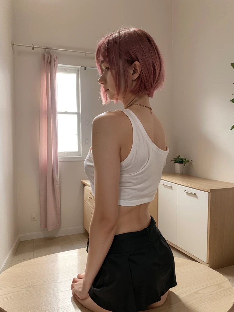 girl 21 years old, short shoulder-length hair, pink hair , wearing a short black skirt, white T-shirt, leaning on a table,room in the background,with her back turned
