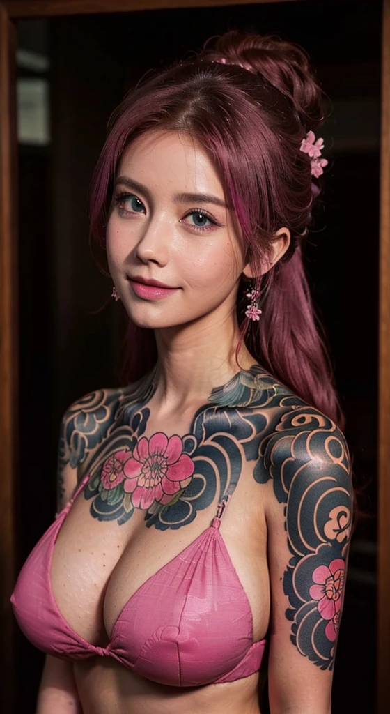 1girl, beautiful girl (30 years old), MILF, cute smile, beautiful face, blue eyes, long hair, pink hair: 1.2, long hair, bangs, flower hair ornament, hair pin, hair bun, off-shoulders, bare shoulders, (half-body), looking at viewers, (Luxury Bikini, pattern, pink), Extra Large Breasts:1.1, oversize breasts, perfect Huge breasts, highest quality, ultra-detailed, hyper detail face, detailed face: 1.2, round breasts, irezumi tattoo style, tattoo on breasts, tttattoo