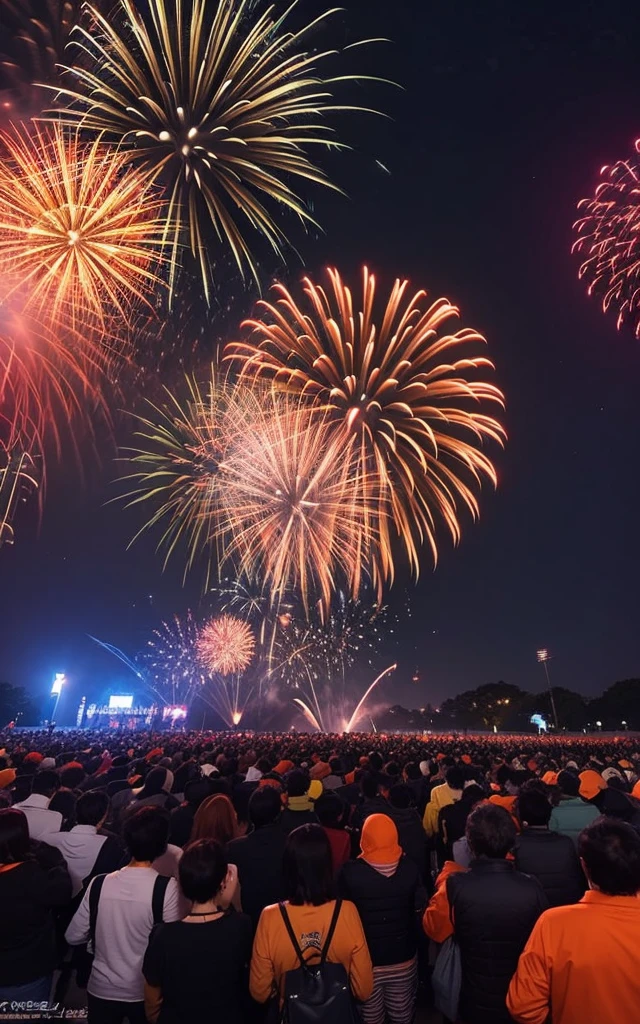crowd, dark-night, deep fog, orange lanthanum light, Fireworks Festival Venue, Fireworks in the background, cinematic lighting