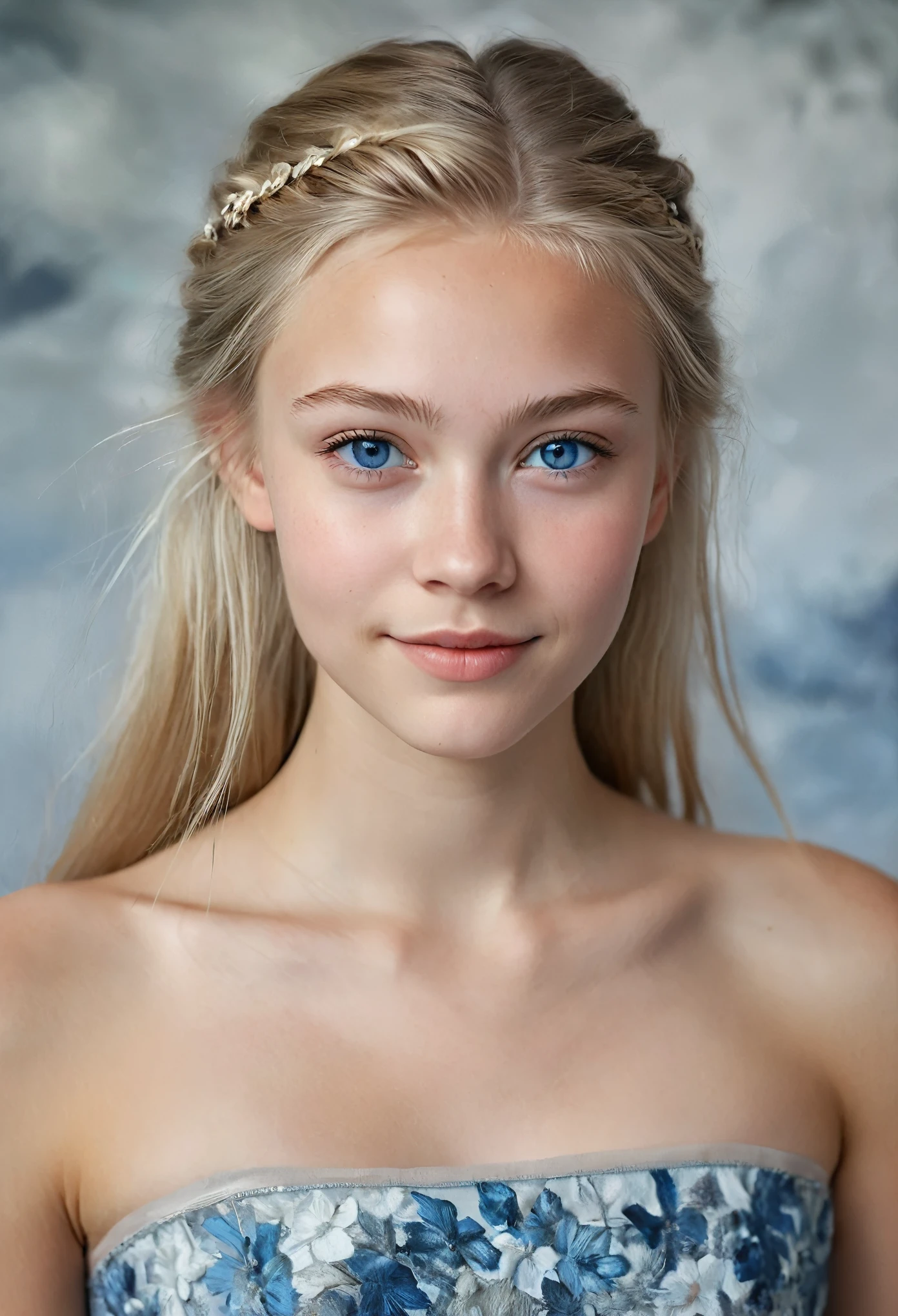 Portrait of a Norwegian beautiful teenager, small breasts, intricate dress, soft smile, natural lips, long blonde hair with shaved sides , blue-grey eyes, realism, digital painting, concept art, smooth, sharp focus, rule of thirds, Style-Psycho