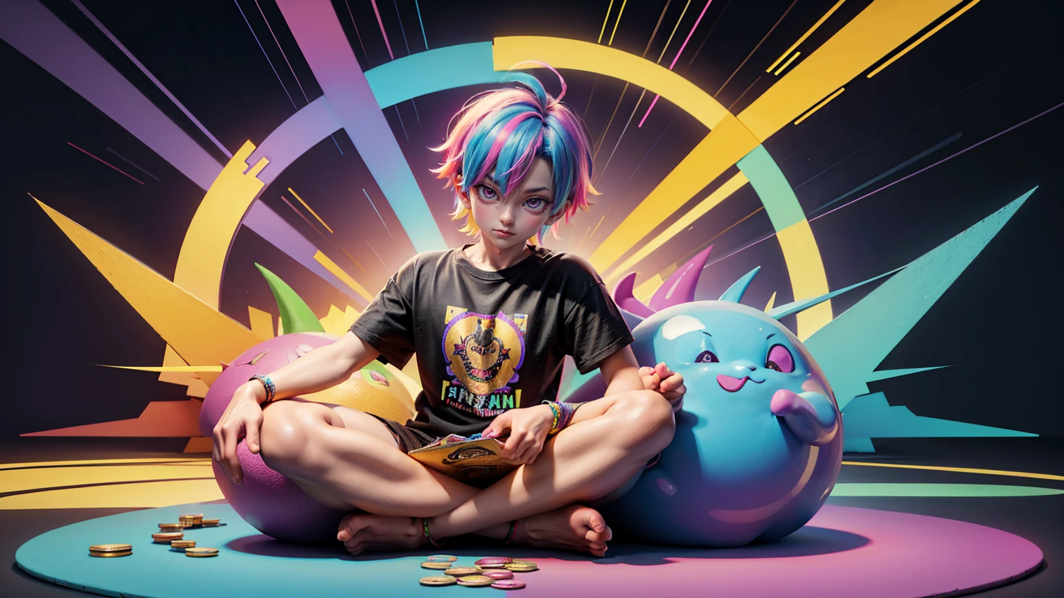 A colorful boy  cartoon character illustration of the Buddha meditating on top with his hands spread out in front, wearing an oversized t-shirt that says " PACIbuffyforce Bnett babe" , surrounded by bitcoin coins and trading charts,, perfect details, smooth lines, high resolution, high quality, high detail, high definition, bright colors, vivid colors, colorful background. A poster for stock market, colorful background, trending on artstation, colorful, colorful digital art, colorful, colorful digital art, colorful digital art, colorful digital art, colorful digital art, colorful digital art, colorful digital art, colorful digital art, colorful digital art, colorful digital