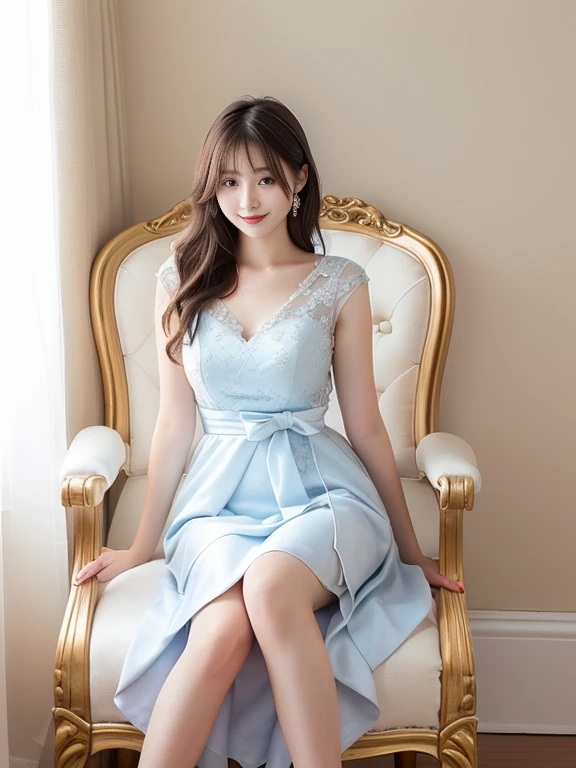 Photo-realistic quality、A 20-year-old Japanese female idol sitting on a chair wearing high heels, Elegant Dresses, Translucent grey dress,  Romantic Dress, Royal elegant pose, Feminine girly dress, Cute and elegant pose, wearing an Elegant Dresses, brocade dress, Japan Fashion Model, Baroque Dress, Wearing a silver dress, Gorgeous Young Japanese Woman、looking at the camera、Detailed and beautiful eyes、Cute smile、Relaxed and gentle expression