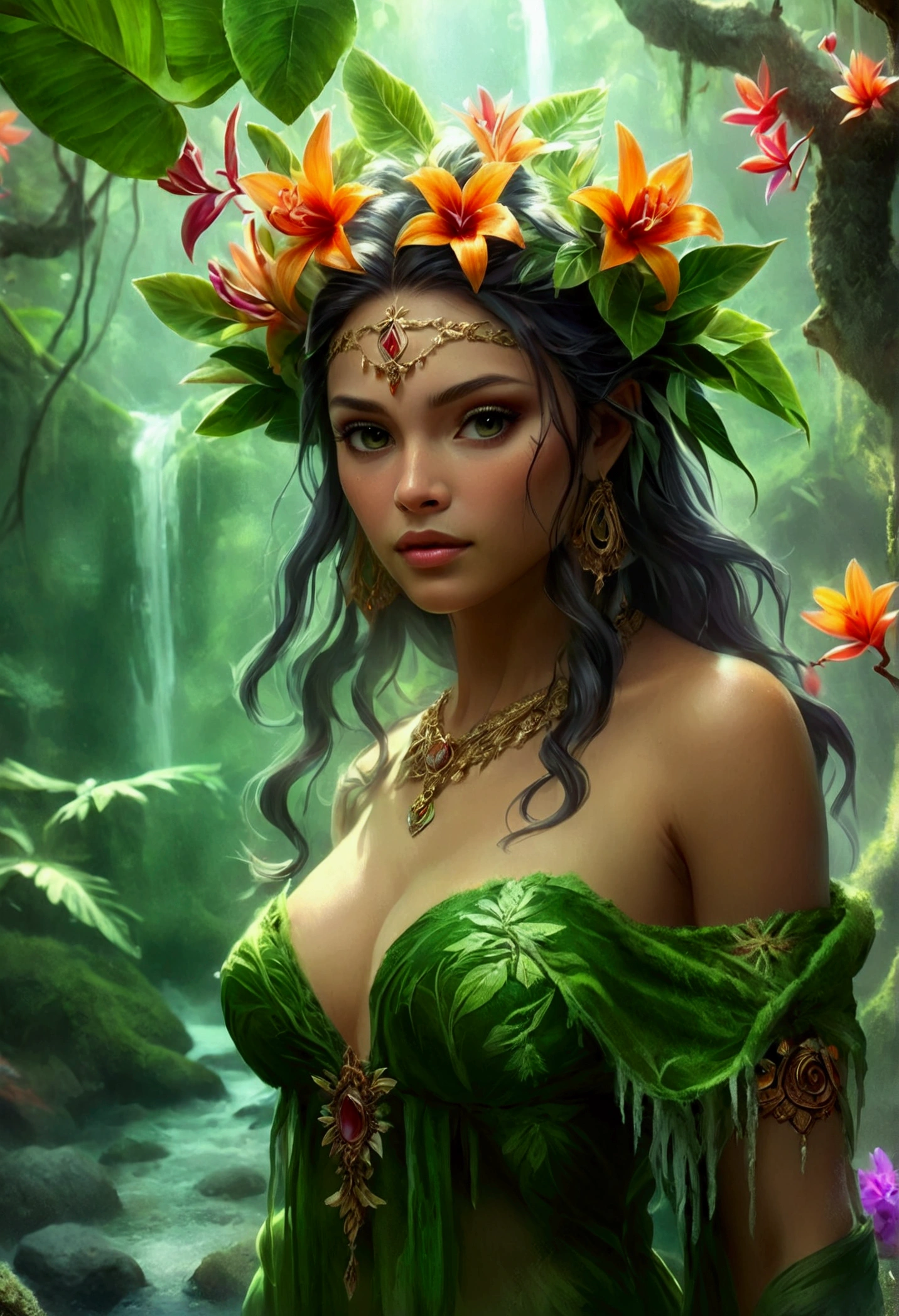  a picture of a druid in her jungle cove, an exotic, most beautiful human druid, priest of nature, warden of the wild of the jungle, full body, ((anatomically correct: 1.5)) long hair, wild hair, light green hair, flowers and leaves in her hair, wearing a (green robe: 1.3), intricate robe, with flowers on it,  small cleavage, high boots, eyes glowing with magic, she protects her jungle grove, many old (cacao trees: 1.3), orchids trees, heliconia flowers, some wild life, a (stream of water: 1.3), fantasy art, vibrant, Ultra-high resolution, High Contrast, (masterpiece:1.5), highest quality, Best aesthetics), best details, best quality, highres, ultra wide angle, 16k, [ultra detailed], masterpiece, best quality, (extremely detailed) RAW, DruidMagicAI