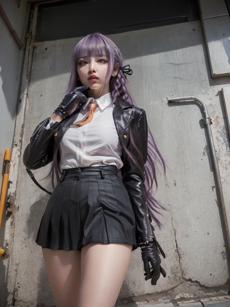 photo Realistic, masutepiece, Realistic, High contrast, hyper Detailed, Best Quality, 超A high resolution, photo Realistic, High resolution, Detailed, Raw photo, Kyoko Kirigiri, Long hair, Purple hair, Side braid, Blunt bangs, Hair Ribbon, a black ribbon, High collar, Brown tie, Black Motorcycle Jacket, Long sleeves, Black Gloves, Black mini skirt, Pleated skirt,(( Black long boots)), (((Full Shot))), Danganronpa \(Series\), Street, Full Shot, Looking at Viewer, White shirt, Woman, (((From below))), Busy city, foreshortening, (Pose Seductive), Looking at Viewer, mad, (eyecontact), japanaese girl,