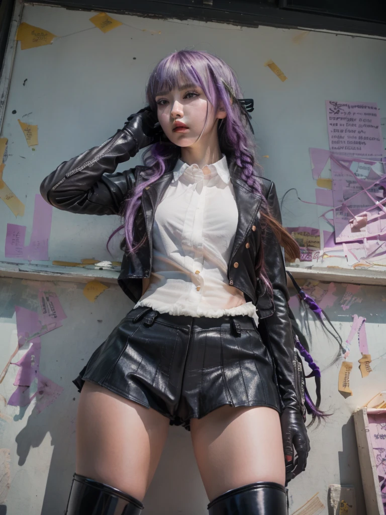 photo Realistic, masutepiece, Realistic, High contrast, hyper Detailed, Best Quality, 超A high resolution, photo Realistic, High resolution, Detailed, Raw photo, Kyoko Kirigiri, Long hair, Purple hair, Side braid, Blunt bangs, Hair Ribbon, a black ribbon, High collar, Brown tie, Black Motorcycle Jacket, Long sleeves, Black Gloves, Black mini skirt, Pleated skirt,(( Black long boots)), (((Full Shot))), Danganronpa \(Series\), Street, Full Shot, Looking at Viewer, White shirt, Woman, (((From below))), Busy city, foreshortening, (Pose Seductive), Looking at Viewer, mad, (eyecontact), japanaese girl,