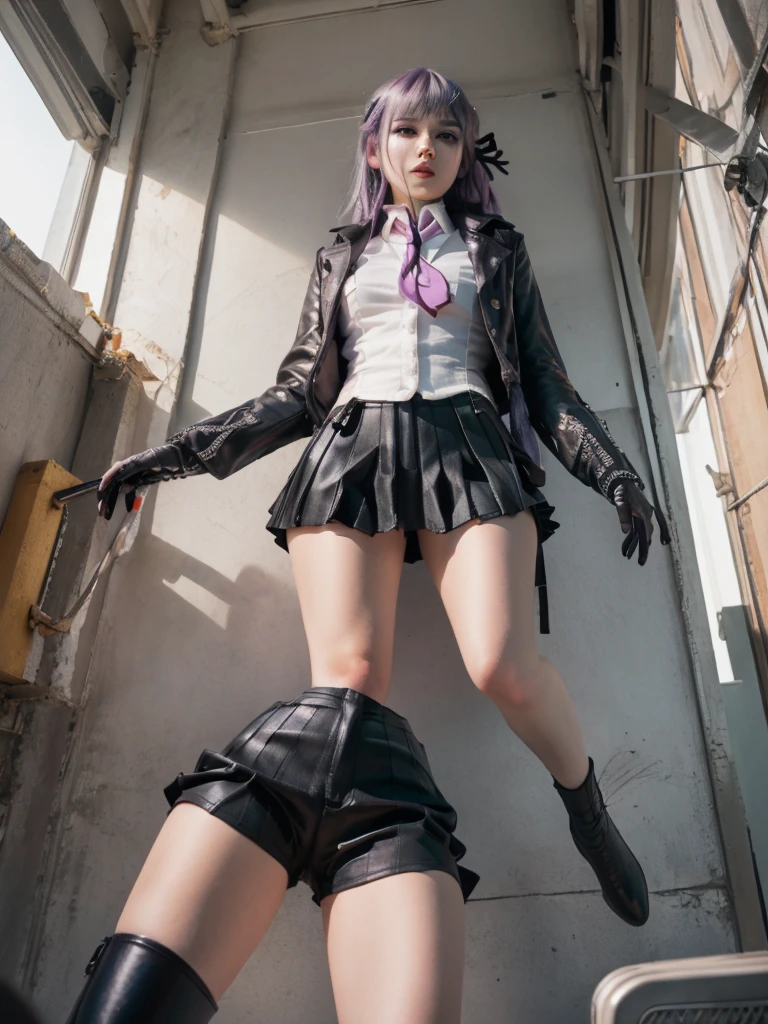 photo Realistic, masutepiece, Realistic, High contrast, hyper Detailed, Best Quality, 超A high resolution, photo Realistic, High resolution, Detailed, Raw photo, Kyoko Kirigiri, Long hair, Purple hair, Side braid, Blunt bangs, Hair Ribbon, a black ribbon, High collar, Brown tie, Black Motorcycle Jacket, Long sleeves, Black Gloves, Black mini skirt, Pleated skirt,(( Black long boots)), (((Full Shot))), Danganronpa \(Series\), Street, Full Shot, Looking at Viewer, White shirt, Woman, (((From below))), Busy city, foreshortening, (Pose Seductive), Looking at Viewer, mad, (eyecontact), japanaese girl,