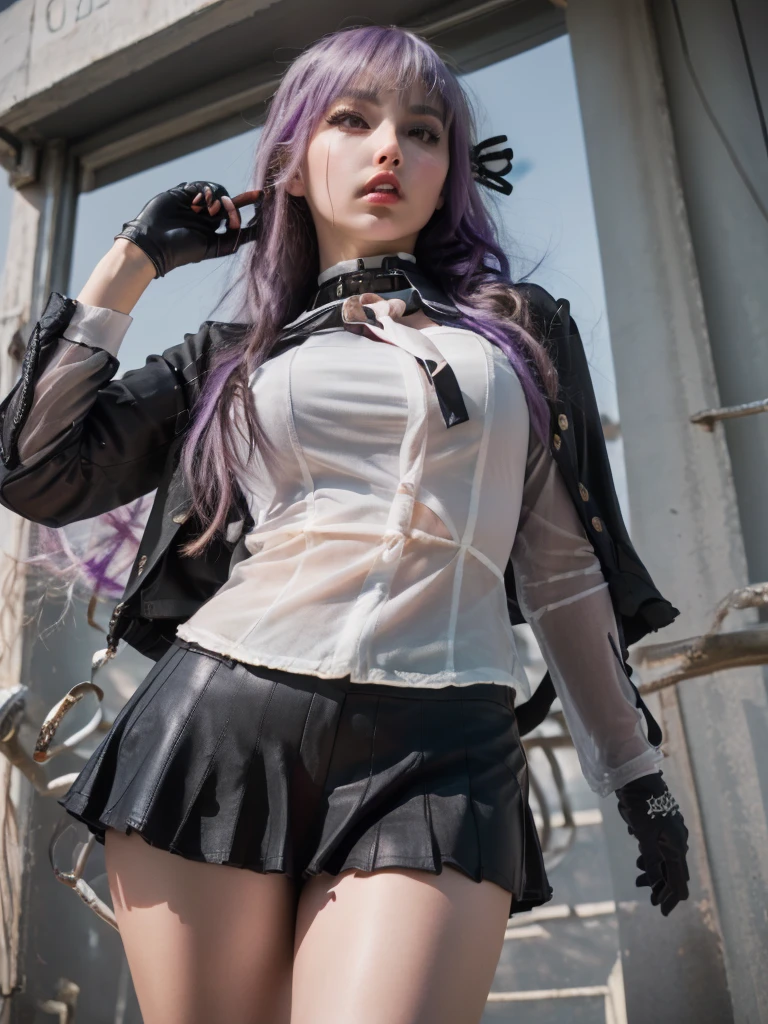 photo Realistic, masutepiece, Realistic, High contrast, hyper Detailed, Best Quality, 超A high resolution, photo Realistic, High resolution, Detailed, Raw photo, Kyoko Kirigiri, Long hair, Purple hair, Side braid, Blunt bangs, Hair Ribbon, a black ribbon, High collar, Brown tie, Black Motorcycle Jacket, Long sleeves, Black Gloves, Black mini skirt, Pleated skirt,(( Black long boots)), (((Full Shot))), Danganronpa \(Series\), Street, Full Shot, Looking at Viewer, White shirt, Woman, (((From below))), Busy city, foreshortening, (Pose Seductive), Looking at Viewer, mad, (eyecontact), japanaese girl,