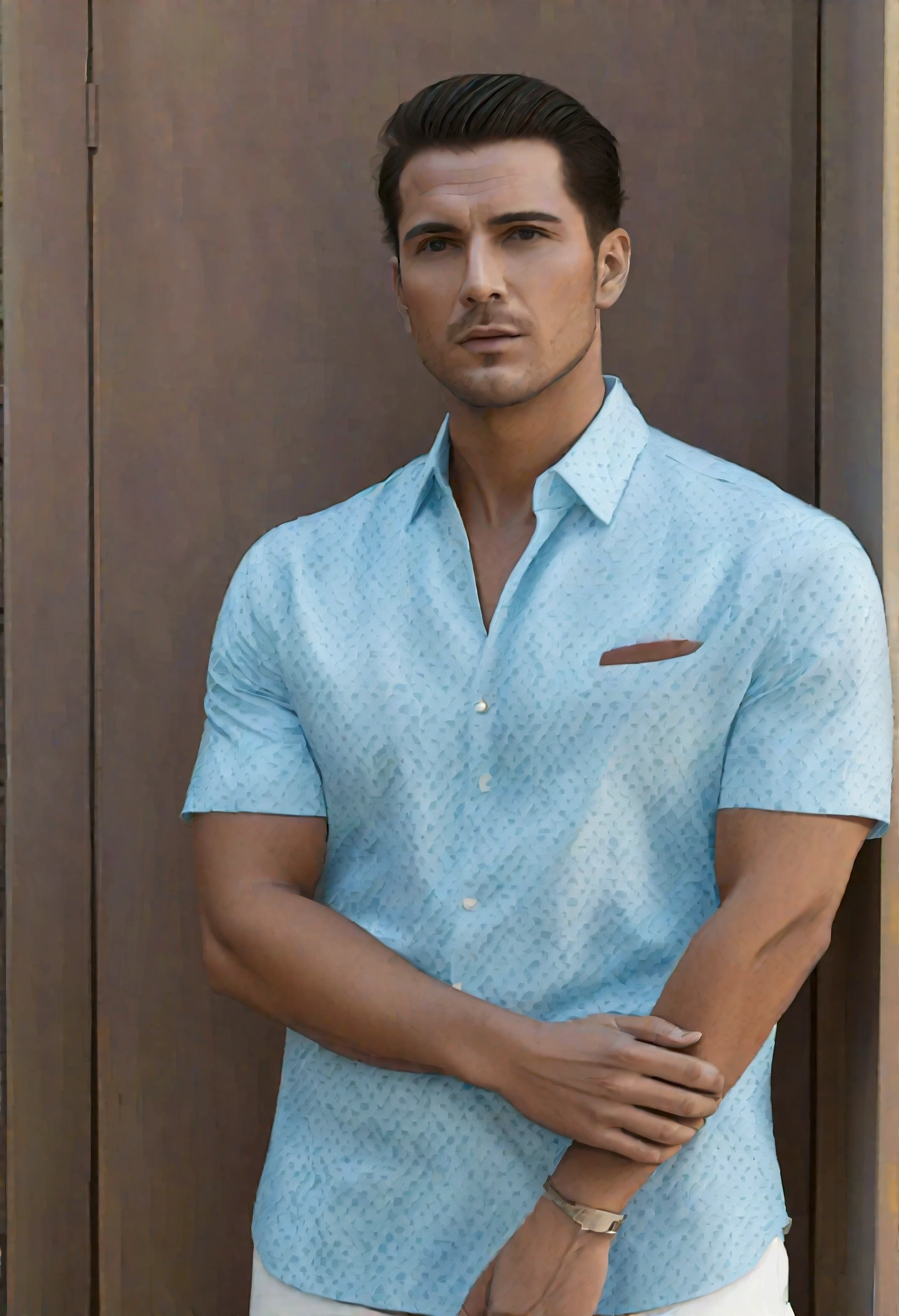 40 year old olive skin man... Pale blue eyes... Fair-skin, tanned...Tousled Short dark blonde hair... Slight stubble, not fully clean-shaven but also not completely unshaved... 1.88m tall... Athletic, slightly muscular, with a lean and fit build... He's wearing a jacket, t-shirt and jeans