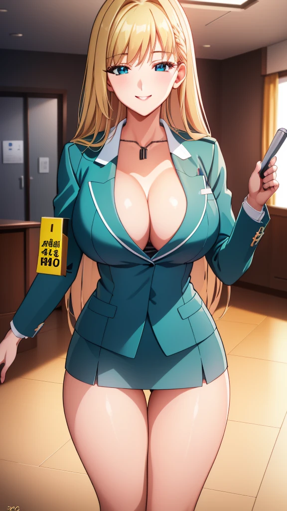 (Of the highest quality:1.5, High resolution, 超High resolution, 4k, detailed lighting, Shaders, perfect hand anatomy), straight blonde hair, big breasts, nurse uniform, neckline, thighs, smile, to throw, close up photography, They are standing, Hospital history