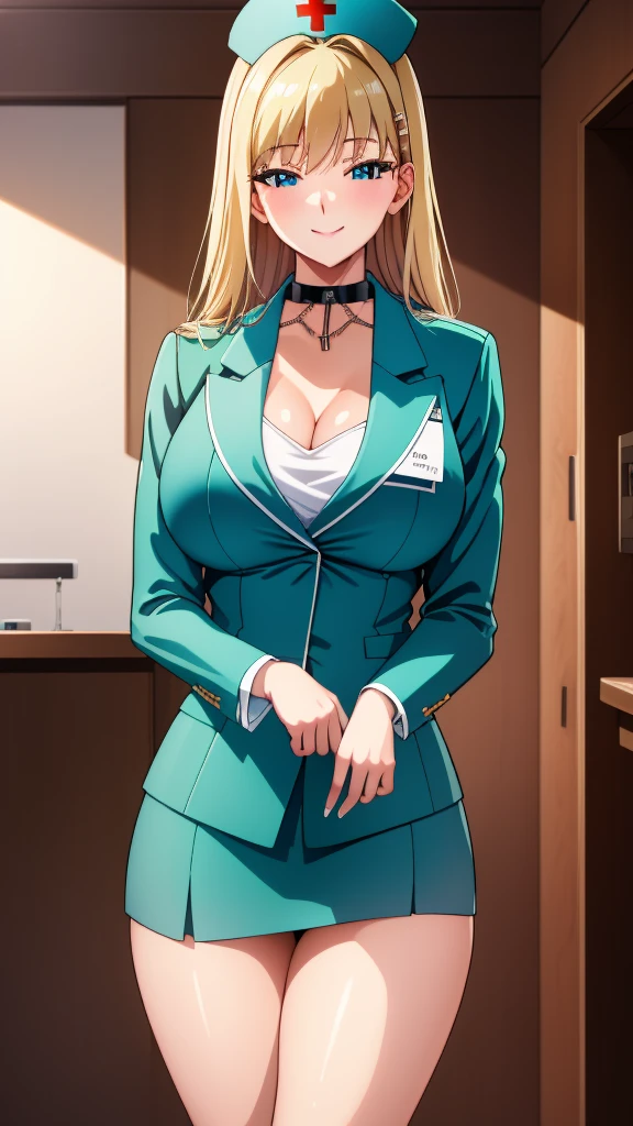 (Of the highest quality:1.5, High resolution, 超High resolution, 4k, detailed lighting, Shaders, perfect hand anatomy), straight blonde hair, big breasts, nurse uniform, neckline, thighs, smile, to throw, close up photography, They are standing, Hospital history