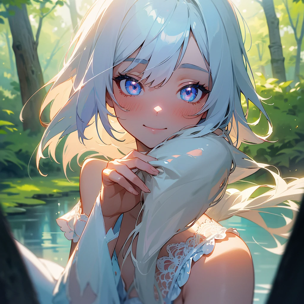 (Masterpiece), sensitive, Very detailed, (Watercolor), blooming, clarification, (Progressive), (1girl:1.4), (Single:1.2), beautiful eyes, (fluffy hair), Photography, Studio Quality, Fisheye Lens, (Best quality, glowing light, reddly shy, He smiles, shimmering, Shiny skin, Very detailed) ,(Raunchy lace lingerie, steepen, From behind), sexual, (Detailed background, Complex background, the trees, water, forest), nahida, Genshin Impact,(Perfect face, Detailed face, Detailed eyes,Perfect hands,Perfect fingers), Cowboy shot, ((8k wallpaper))