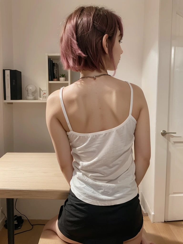 girl 21 years old, short shoulder-length hair, pink hair , wearing a short black skirt, white T-shirt, leaning on a table,room in the background her back 