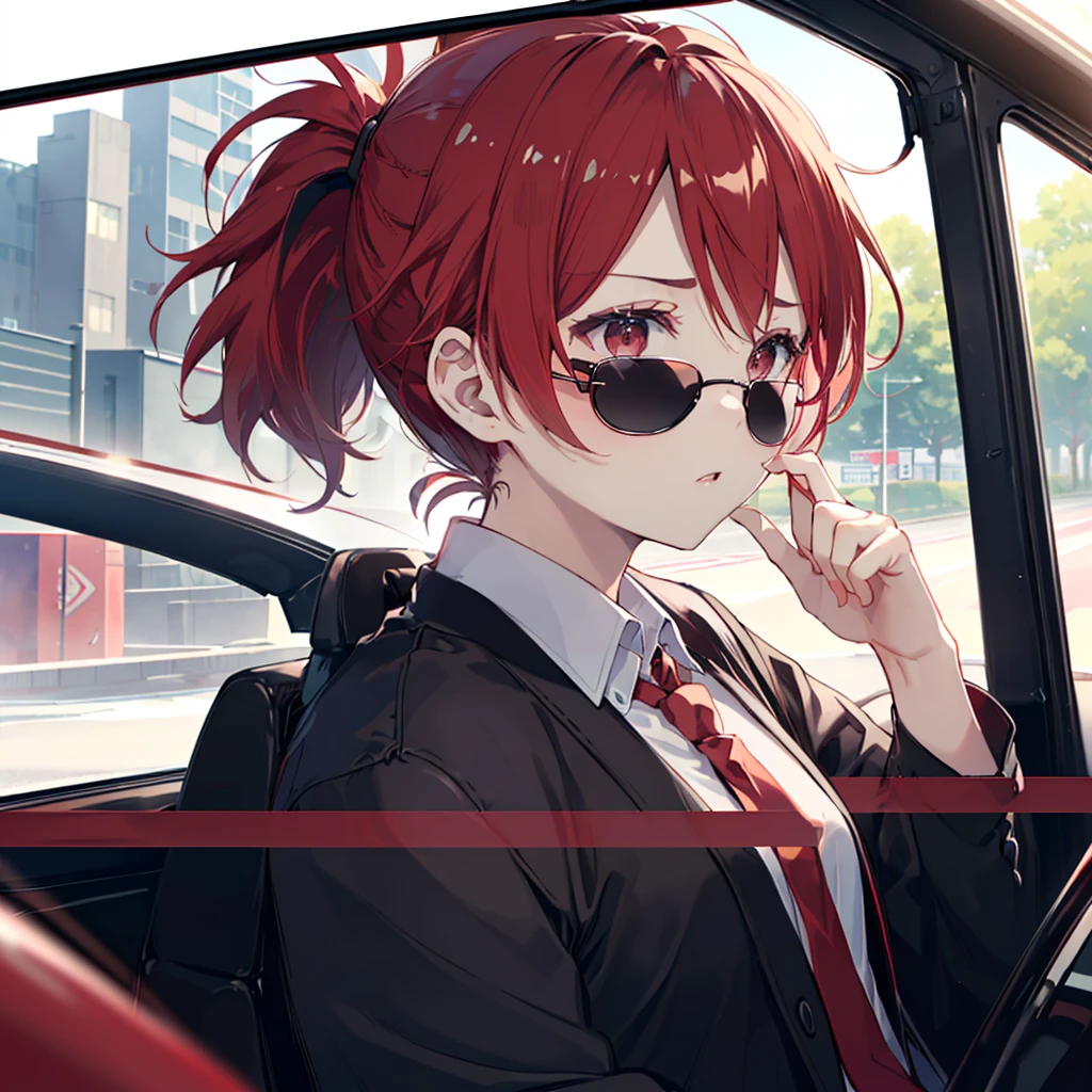 ((((Female Driver、drive black色のスーツ、Red tie Red convertible、get on)))) (((black髪、ponytail、Blowing in the Wind sunglasses、black))) ((Expressway、Light、Light)) Shining Edge Shining Background